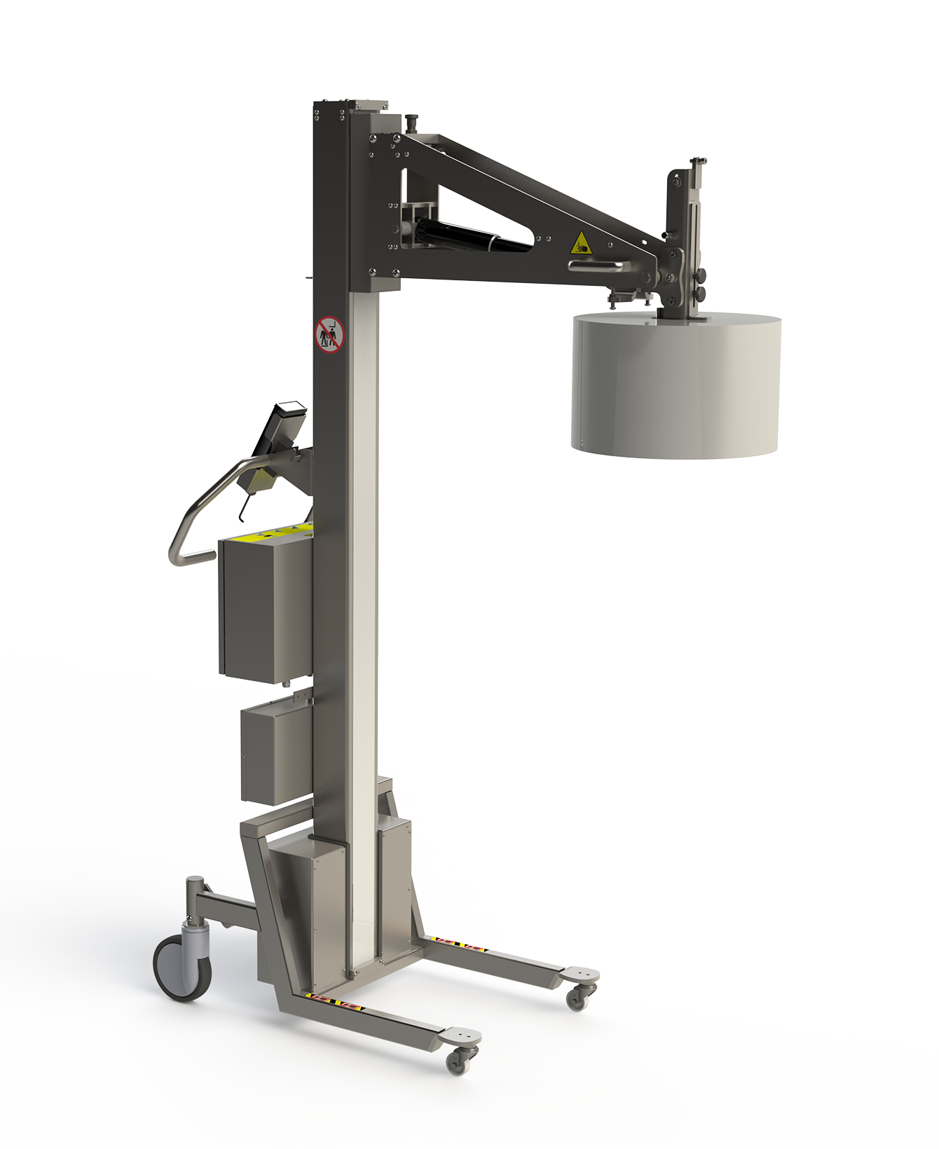 GMP-optimised roll lifting equipment and paper handling equipment in stainless steel for use in cleanroom environments in the pharmaceutical industry. Can both lift and tip the roll.