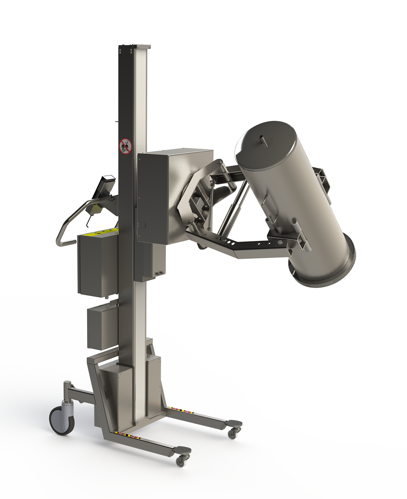 Bespoke cleanroom electric lifter for handling (lifting and rotating) a filter housing (cylinder object). The lifter tool consists of a rotation unit with a scissor lift clamp. 2Lift ApS.