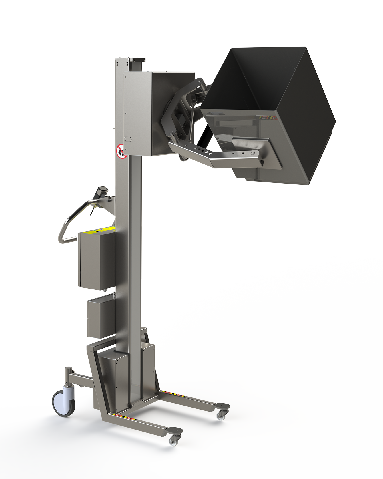 This electric lifter for cleanroom use features a special special box gripper (a scissor lift clamp and a set of padded grippers) ideal for rotating and tipping a box.