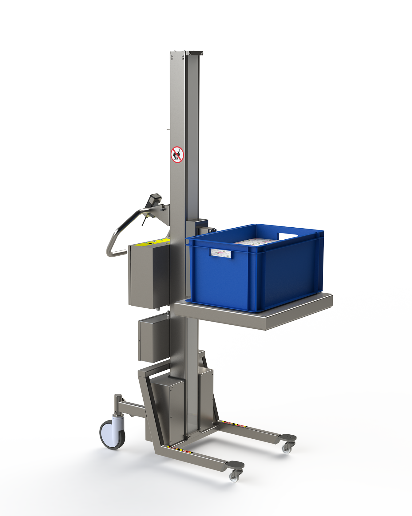 This electric lifting device for use in the pharma industry is equipped with a metal platform for handling e.g. boxes.