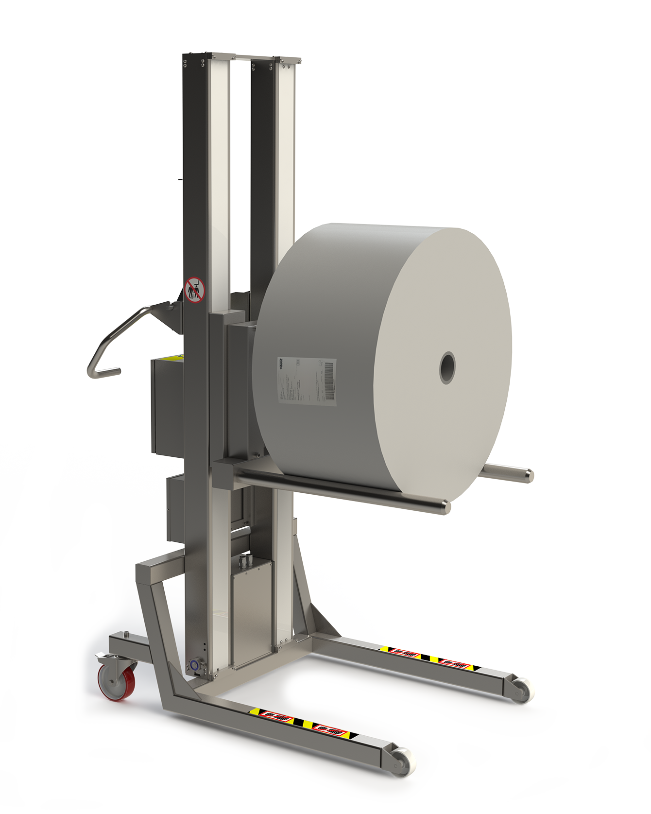 This waterproof and contamination safe roll lifter is fitted with a double mandrel for external handling of large and heavy rolls and reels.