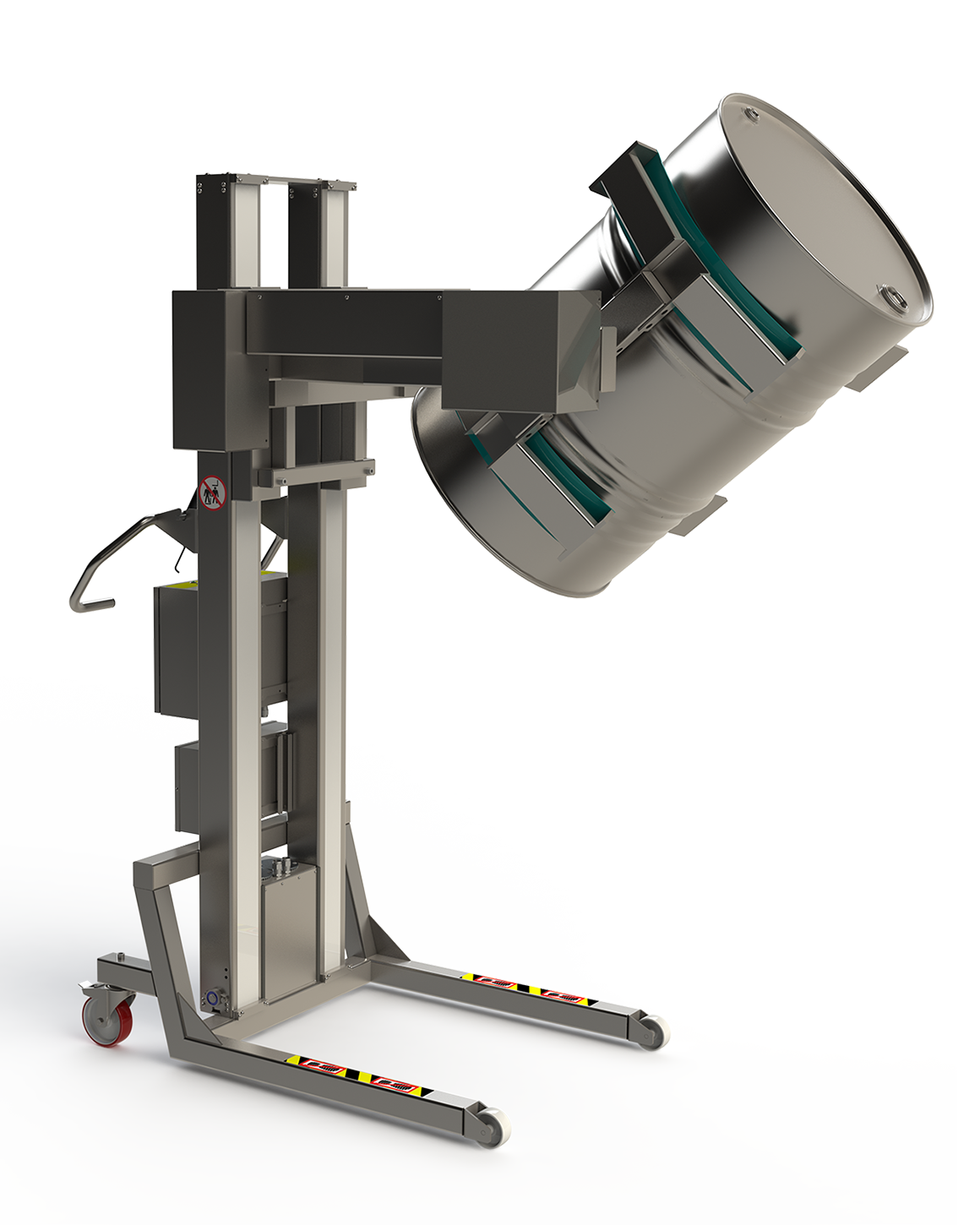 Electric drum lift in GMP compliant standards in stainless steel. A linear clamp and tipping unit allows the drum or barrel to both be lifted and tilted forward.