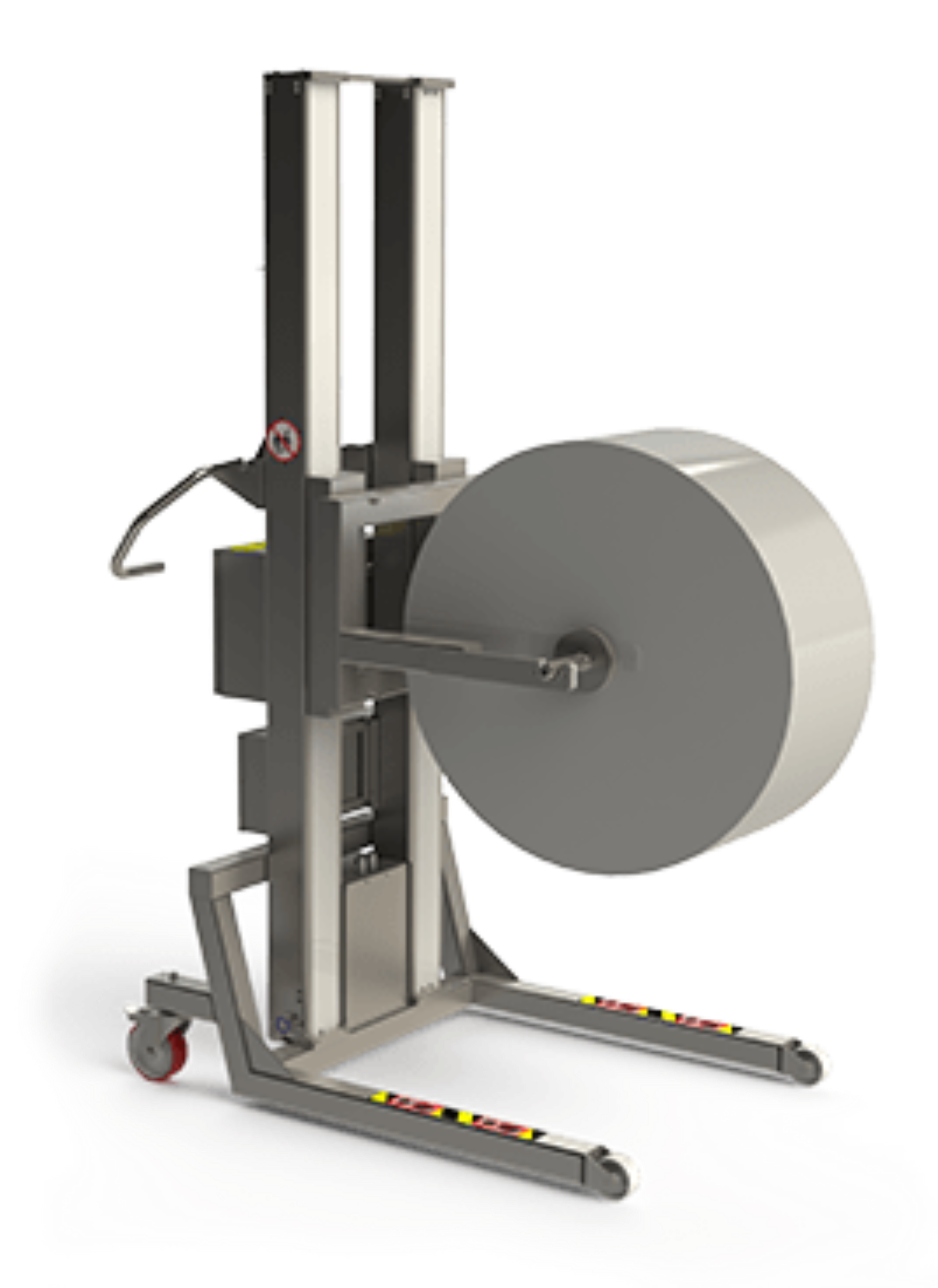 On this piece of stainless steel roll lifting equipment for cleanroom, we have added a special lifting tool, a fork with notches. This tool will carry the roll via a shaft.