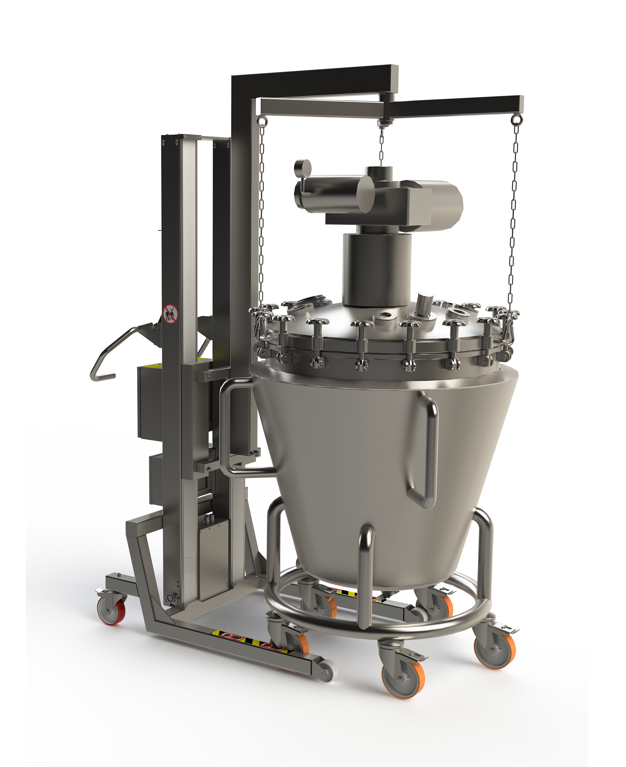 Specialist lifting equipment: stainless steel cleanroom electric lifter with bespoke boom arm and chains and hooks for lifting a lid on a mixer. 2Lift ApS.