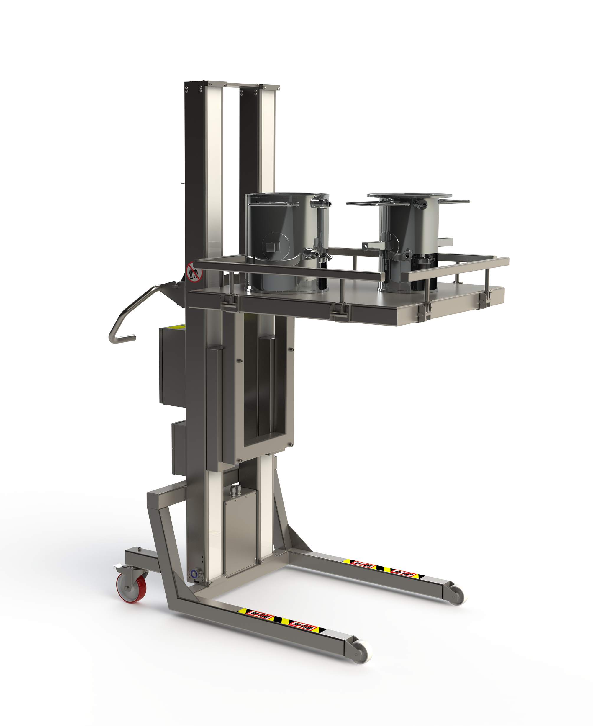 Lifting apparatus with a custom designed metal platform with a supportive railing. For lifting vessels in a pharmaceutic environment. 2Lift ApS.