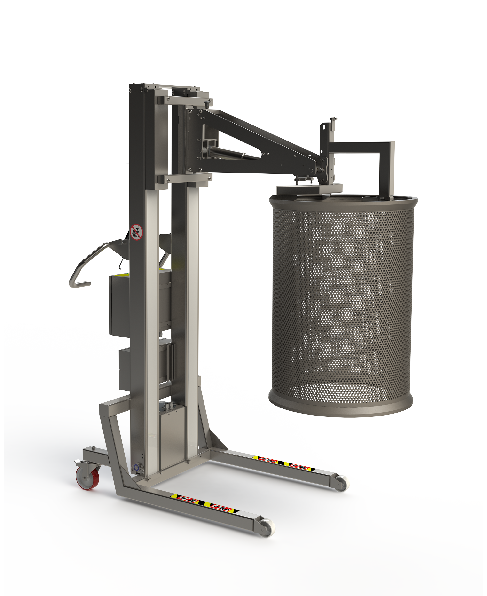 Smart, customised, industrial lifting system with a manual gripper to lift and tip a large filter. 2Lift ApS.