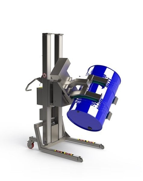 This vertical lift consists of a combined lifter tool of a rotation unit and a linear lift clamp for handling barrels and drums.