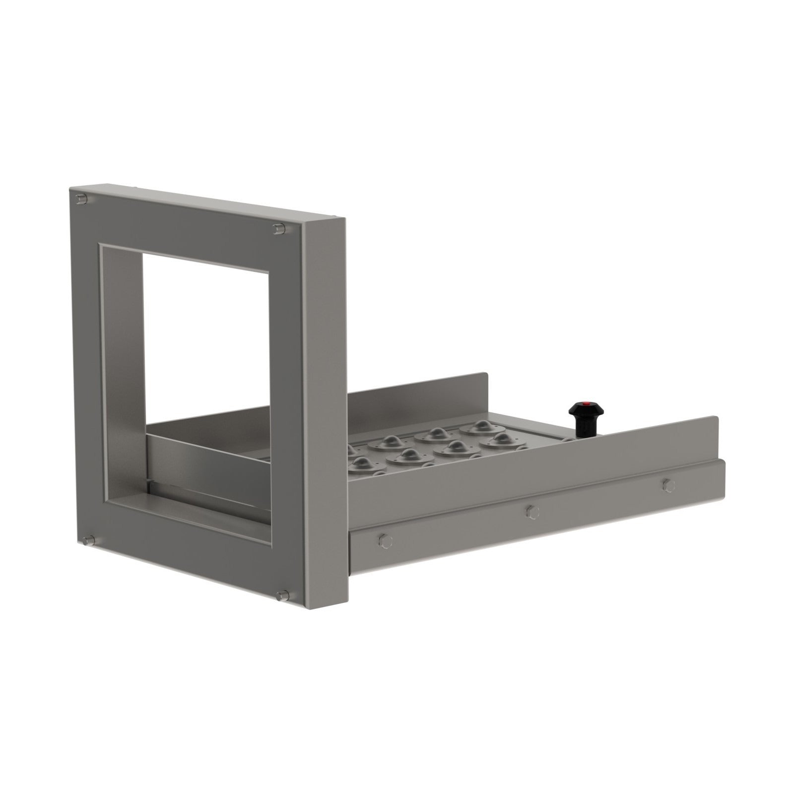 The industrial lifting device, the roller platform (RP), is designed to fit on all our modularly built material handling equipment. From the back, picture 2.
