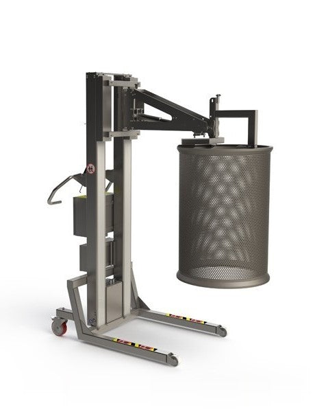 Smart, customised, industrial lifting system with a manual gripper to lift and tip a large filter. 2Lift ApS.