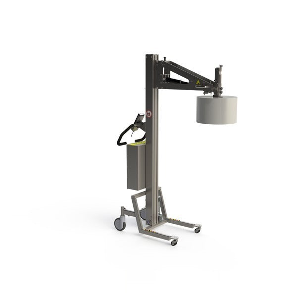 This fully electric roll handling device is able to lift and tip rolls up to 100 kg.