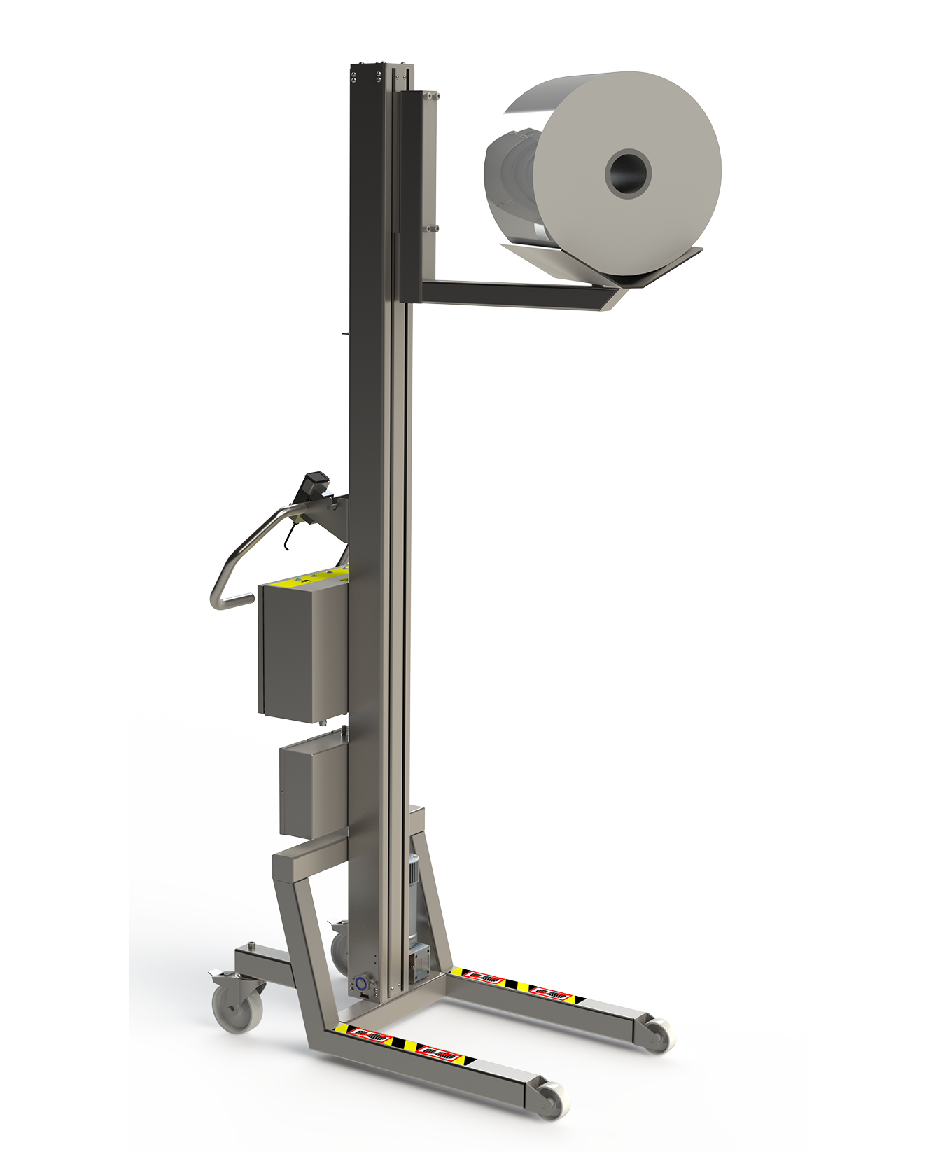 Roll lifting equipment for external handling. Reel lifter with Boom and V-block. 2Lift ApS.