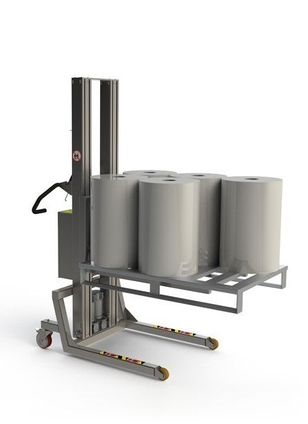 This piece of pallet handling equipment in stainless steel is lifting a metal pallet loaded with 5 heavy rolls.