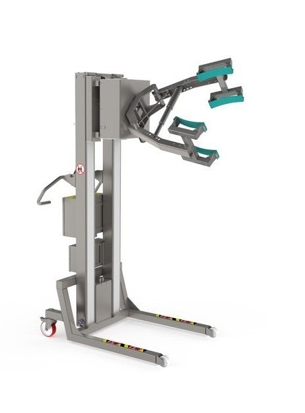 This ergonomic piece of lifting equipment is designed for cleanroom use in a pharmaceutical environment. It consists of a scissor lifter clamp mounted on a rotation tool.