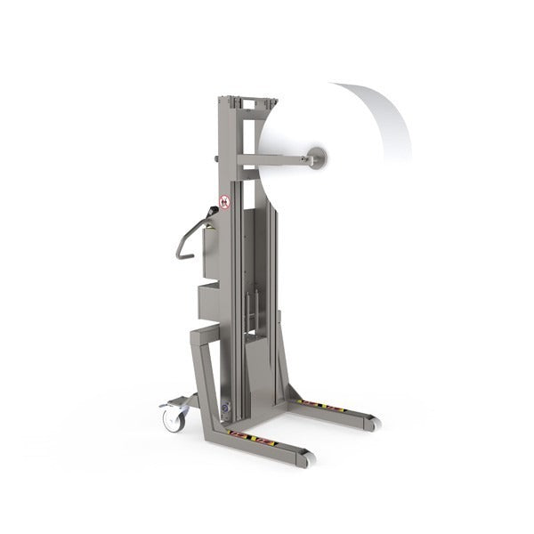 The lifter tool displayed here is a special roll lifting tool called a fork with notches and it lifts the roll via a shaft inserted into the core.