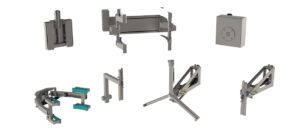 Electrical manipulators that can turn or swing a load. Image of a large selection of different electric lift equipment (lifting tools).