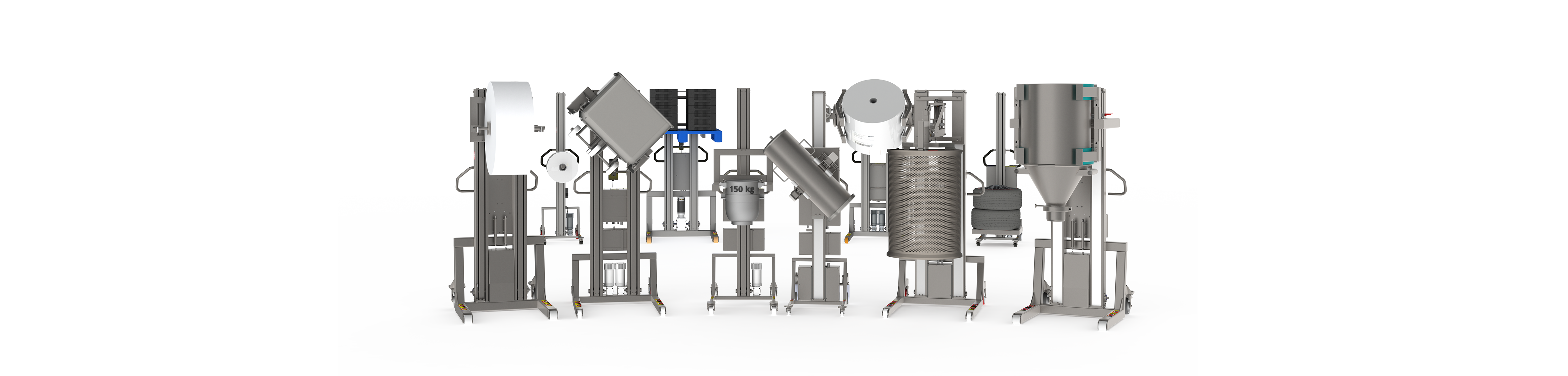 Lots of different battery operated material handling products displaying a broad variety of loads such as rolls, filters, vessels, containers, pallets and car tyres.