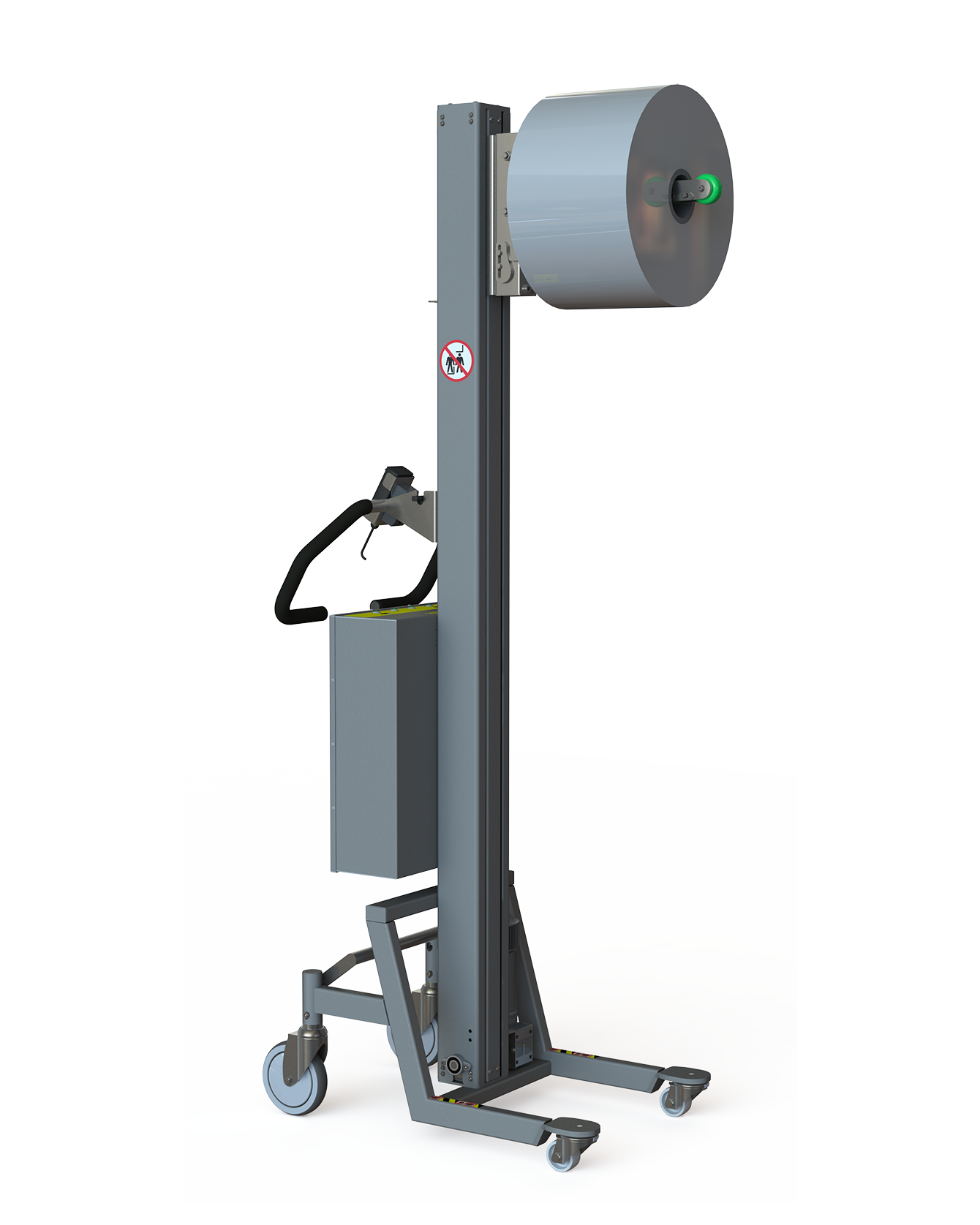 Simple roll lifting device with a mandrel fitted with rollers. 2Lift ApS.