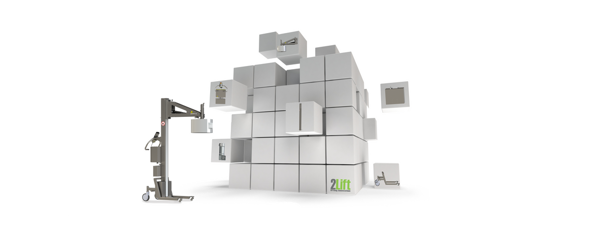 Material handling solutions via modular design. Image of a roll handler and lots of cubes with images of different parts of a lifter.