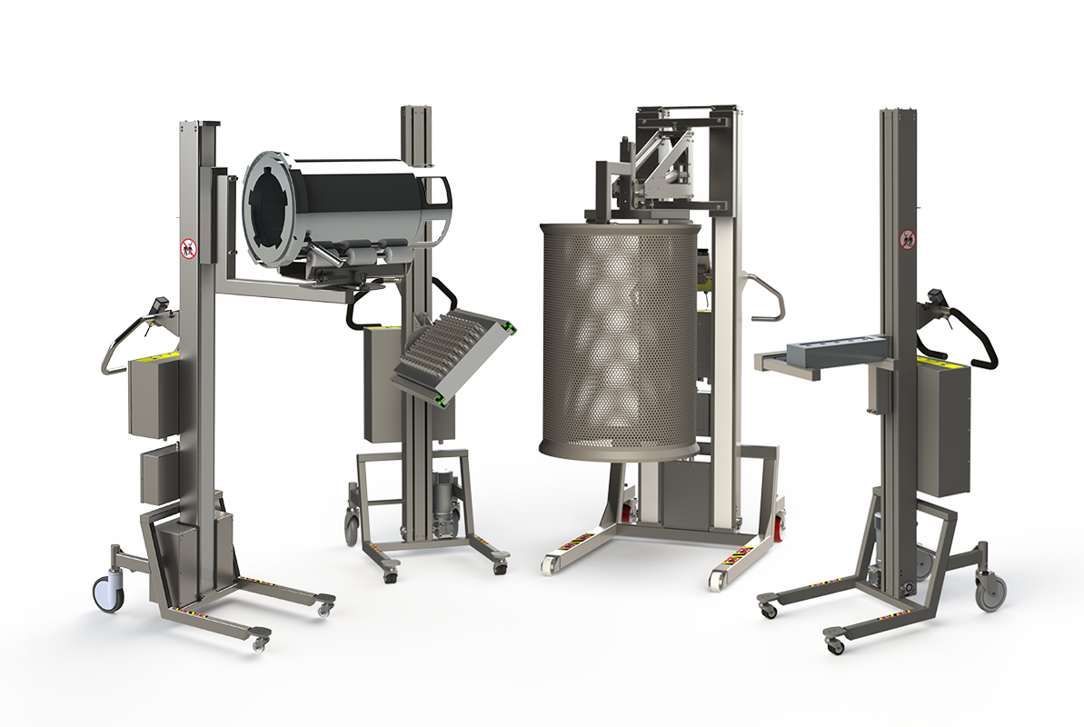 Presentation of four electric lifters with various bespoke lifting tools.