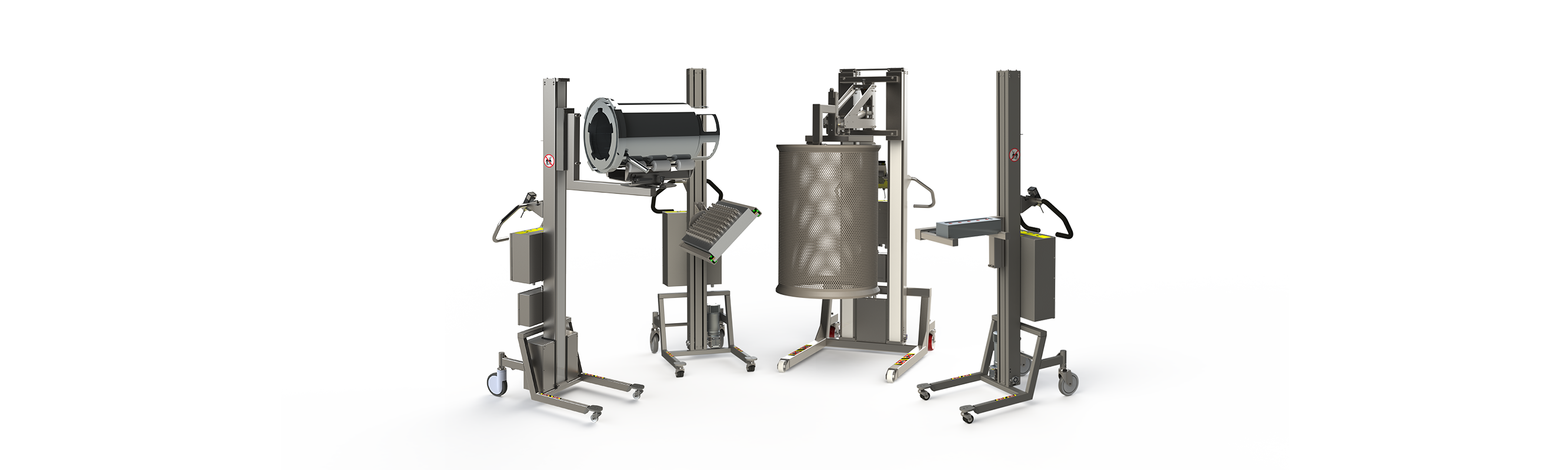 Presentation of four electric lifters with various bespoke lifting tools.