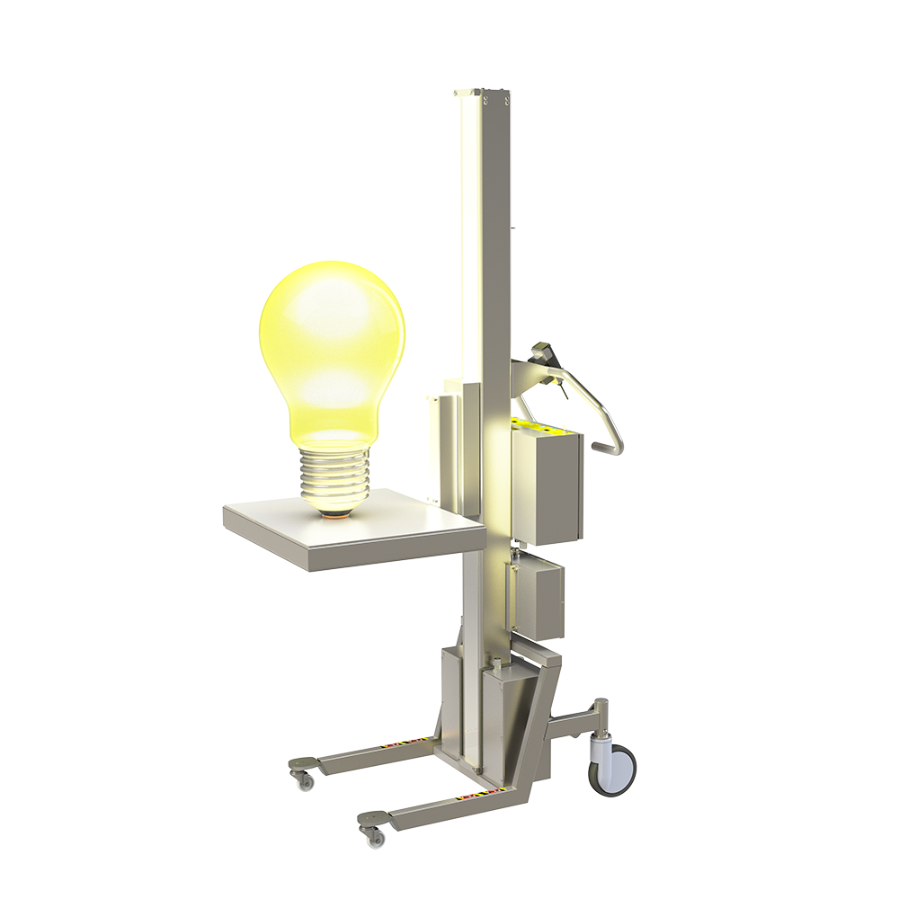 Lightweight cleanroom lifting machine with light bulb.