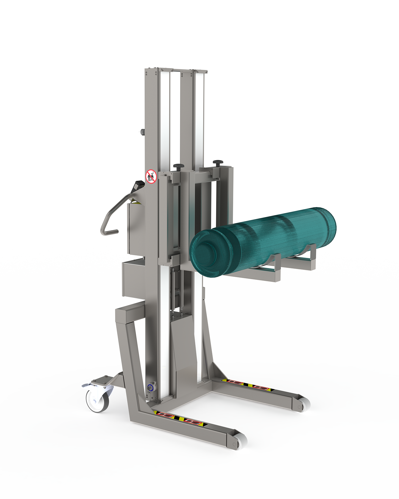 Heavy-duty pharma lifter (up to 500 kg) with adjustable fork for lifting crystal. 