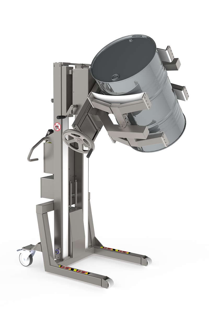 500 kg mobile pharma lifter lifting and tipping a heavy stainless steel drum.