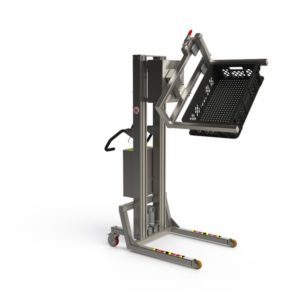On this intelligent lifting device we have mounted a rotation tool and fork with a special clamping tool to hold special boxes in place.