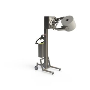 Easy to manoeuvre and highly adaptable material handling machine. On this lifter is mounted a rotation tool and a scissor lift clamp ideal for handling lighter rolls or drums.
