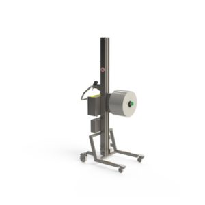 An electric roll lifter with a roller mandrel. This corrosive resistant lifting device is ideal for paper handling in the food and beverage industry.