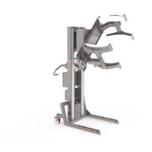 This piece of drum lifting equipment is designed for pharma settings. The lifter tools are an electric rotation unit and a manual linear lift clamp.