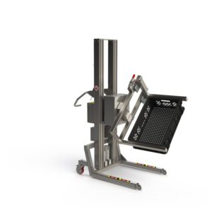 A bespoke stainless steel, corrosive-resistant lifting solution that features a fork with a clamping device for lifting, turning and emptying boxes.