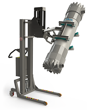 Specially designed electric cylinder handling equipment. This scissor lifting clamp can grip, tip and turn cylinders. 2Lift ApS.