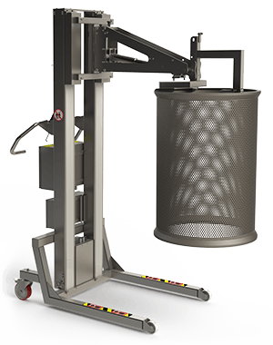 Smart, customised, industrial lifting system with a manual gripper to lift and tip a large filter. 2Lift ApS.