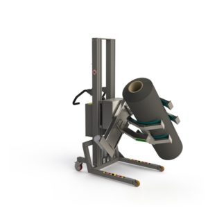 A fully electric lifting solution for handling (lifting and turning) heavy rolls or drums. Here the roll is held in place with a set of linear lift clamps.