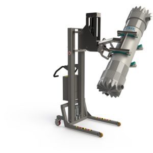 Specially designed electric cylinder handling equipment. This scissor lifting clamp can grip, tip and turn cylinders. 2Lift ApS.
