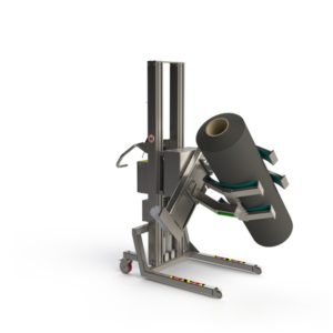 This industrial material handler is equipped with a rotation unit along with a set of linear lifting clamps for external holding of cylindrical objects such as rolls, drums, filters etc.