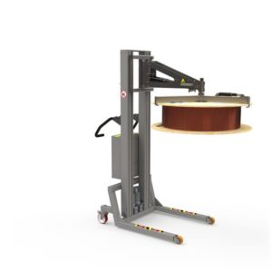 High quality electric reel handling solution for lifting and tipping heavy reels consisting of e.g. cables or wires.