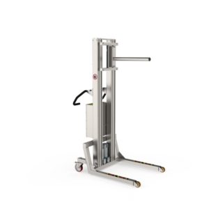 This electric column lift in stainless steel is fitted with a single mandrel for easy roll handling.