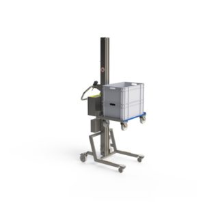 Stainless steel material handling lift ideal for the food and beverage industry. Here the lifting tool is an angle-shaped fork able to lift a dolly with two plastic boxes.
