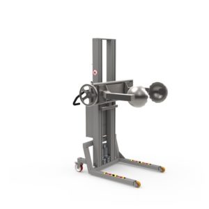 Industrial lifting machinery with manual linear lifting clamps with special grippers for handling wheel hubs.
