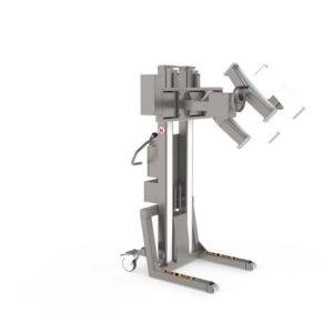 This piece of material handling equipment is built in stainless steel. On it is attached an electric linear lifting clamp along with a manual tipping unit for handling drums.
