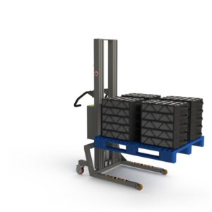 This vertical lift is ideal as pallet handling equipment. Here a simple fork is used to lift a EUR 1 Euro-Pallet.
