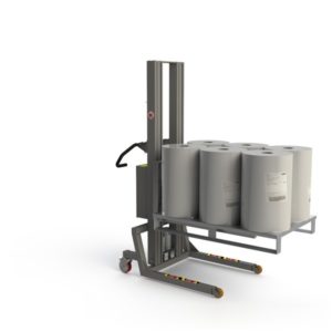 Industrial, electric pallet lifter using a fork to lift a pallet with six large, heavy rolls. 2Lift.