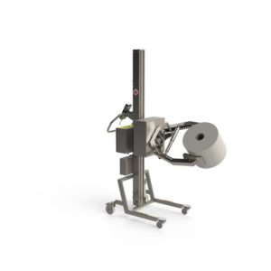 This electric lifting device combined with a rotation tool and scissor lifting clamps with rubber padded grippers can lift and rotate rolls.