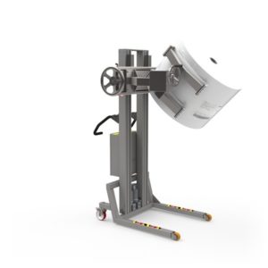 Powerful battery operated lifter with manual lifter tools. A linear lift clamp combined with a tipping unit allows the roll to tip forward.
