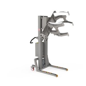 Powerful roll or drum handler equipment with lifting and rotating options. The roll or drum is held externally via linear lifting clamps.