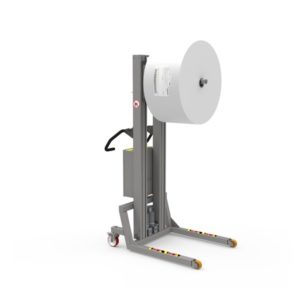 Strong lifter machine with a single mandrel for handling large rolls (e.g. also used as paper handling equipment).