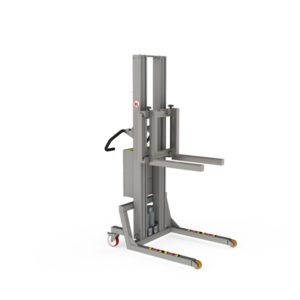 An industrial goods lift with an adjustable fork for handling e.g. pallets or boxes.