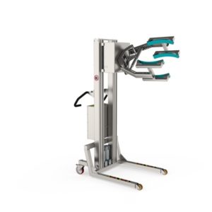 This piece of electric lifting equipment with a scissor lifting clamp can lift and rotate rolls and drums up to 120 kg.